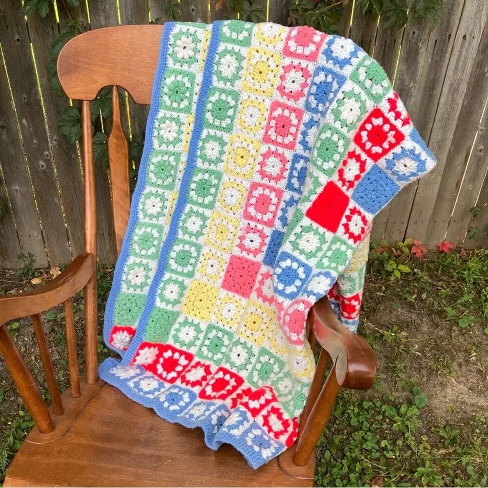 Vintage Colorful Granny Square Crocheted Throw Blanket 48x66